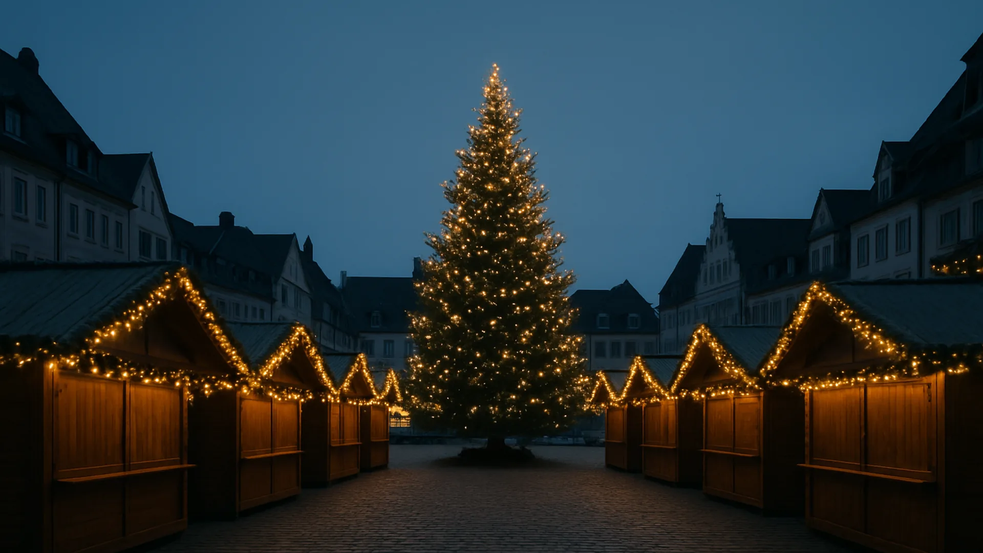 Duits kerstmarktplein in de schemering met warme lichtjes en houten kraampjes
