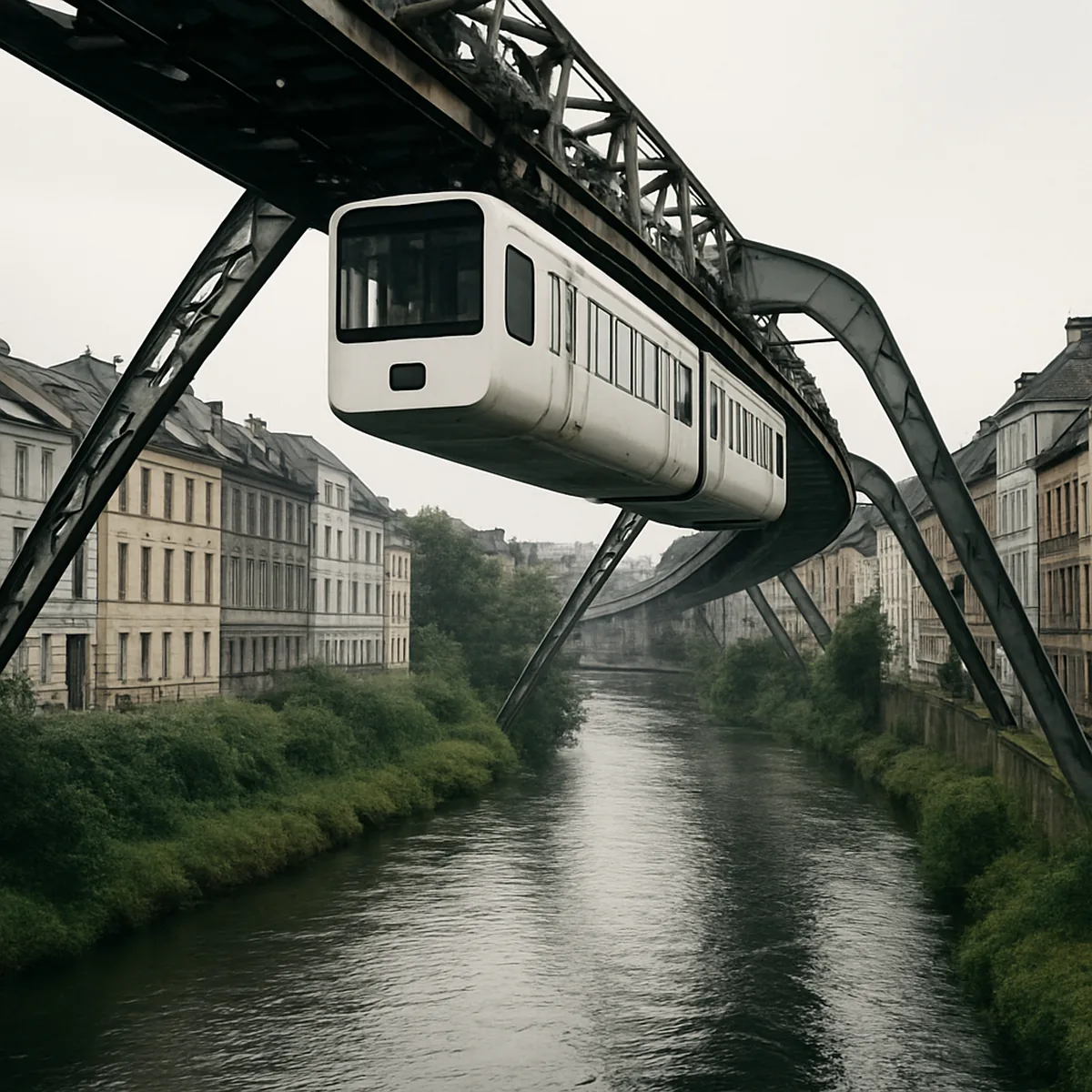 Hangende monorail boven een rivier in een Duitse stad